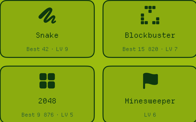 Game tiles showing each game's best score and the level reached