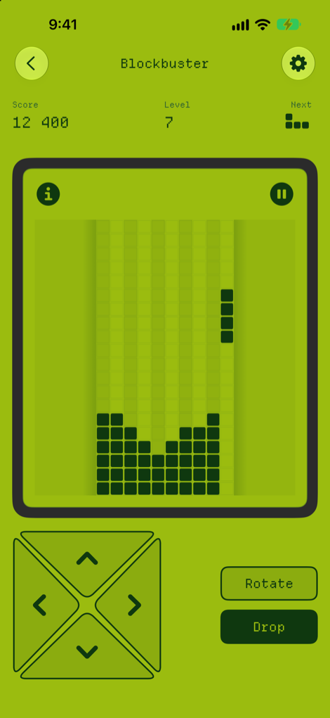 Blockbuster at level 7, with a large on-screen D-pad, Rotate and Drop buttons, and on-board pause and info controls