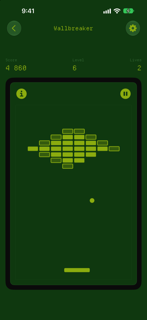 Wallbreaker mid-game in dark mode: a diamond-shaped brick wall, the ball and the paddle